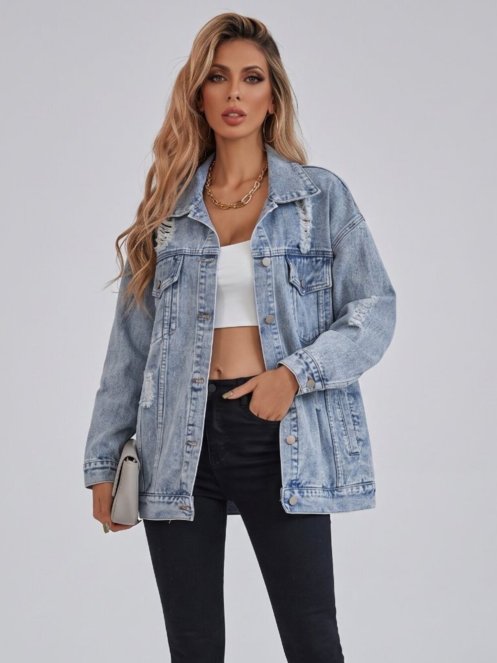 Women's Blue Denim Jacket Button Front Flap Pocket Drop Shoulder Oversized - Picture 1 of 3